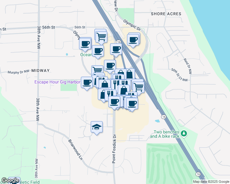 map of restaurants, bars, coffee shops, grocery stores, and more near 4929 Point Fosdick Drive Northwest in Gig Harbor