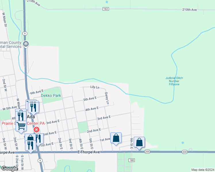 map of restaurants, bars, coffee shops, grocery stores, and more near 701 Lily Lane in Ada