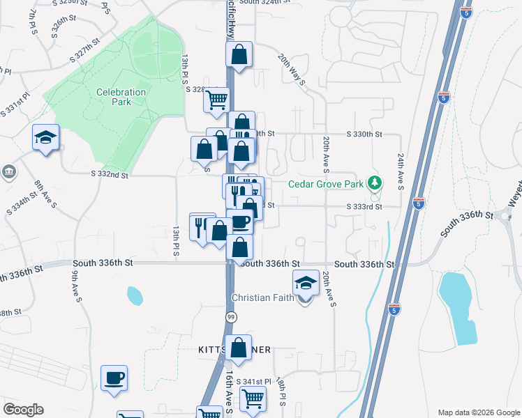 map of restaurants, bars, coffee shops, grocery stores, and more near 33030 17th Place South in Federal Way
