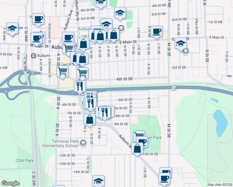 map of restaurants, bars, coffee shops, grocery stores, and more near 618 5th Street Southeast in Auburn