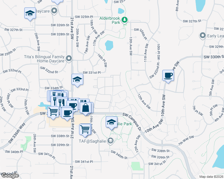 map of restaurants, bars, coffee shops, grocery stores, and more near 17th Avenue Southwest in Federal Way