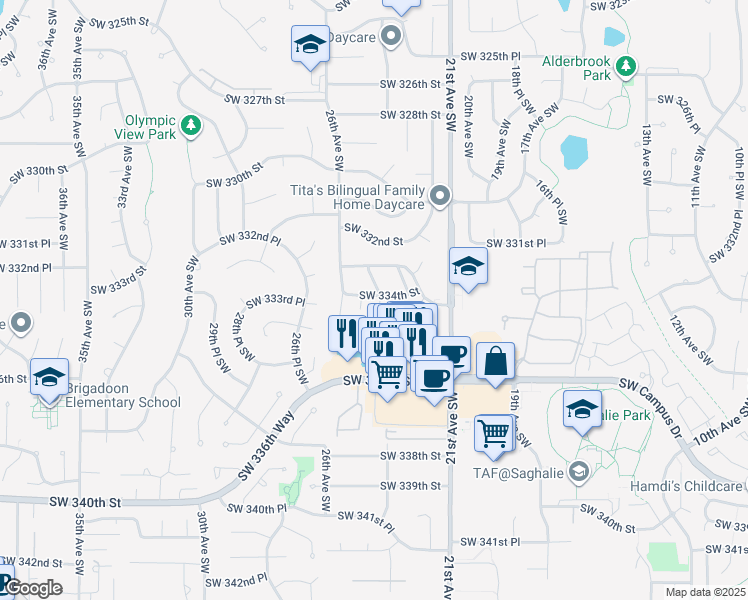 map of restaurants, bars, coffee shops, grocery stores, and more near 2308 Southwest 334th Place in Federal Way