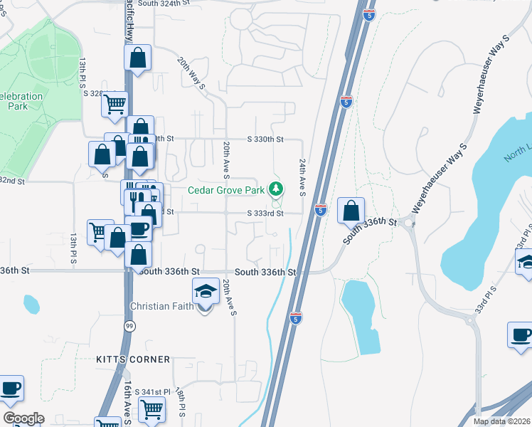 map of restaurants, bars, coffee shops, grocery stores, and more near South 333rd Street in Federal Way