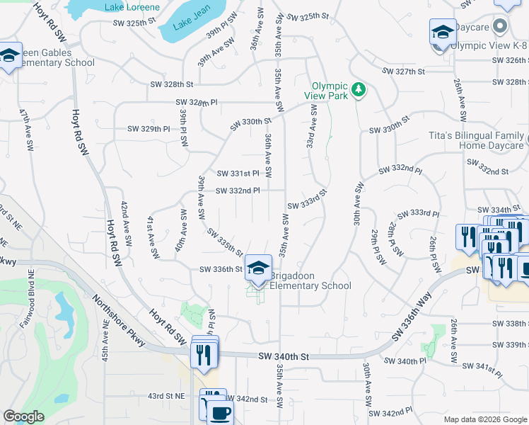 map of restaurants, bars, coffee shops, grocery stores, and more near 33227 36th Avenue Southwest in Federal Way