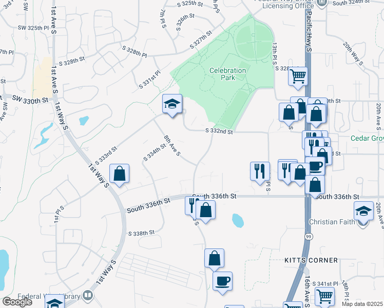 map of restaurants, bars, coffee shops, grocery stores, and more near 33515 9th Avenue South in Federal Way