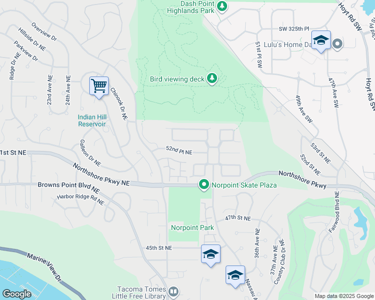 map of restaurants, bars, coffee shops, grocery stores, and more near 3119 52nd Place Northeast in Tacoma