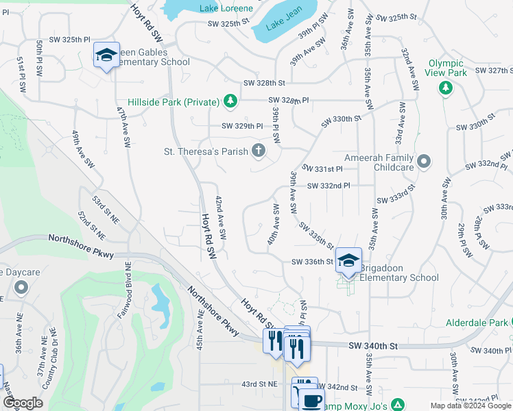 map of restaurants, bars, coffee shops, grocery stores, and more near 4019 Southwest 334th Place in Federal Way