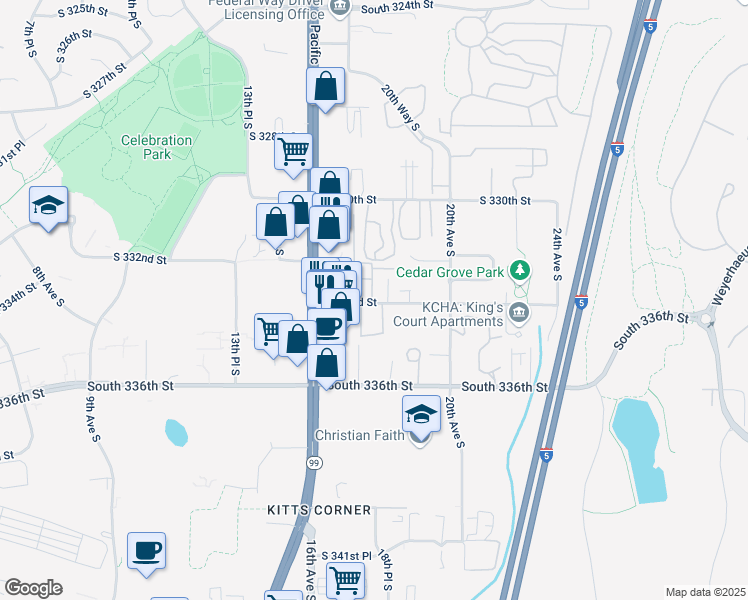 map of restaurants, bars, coffee shops, grocery stores, and more near 1660 South 333rd Street in Federal Way