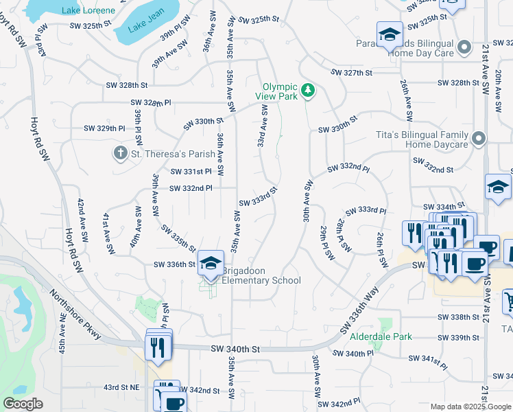 map of restaurants, bars, coffee shops, grocery stores, and more near 3334 Southwest 334th Street in Federal Way