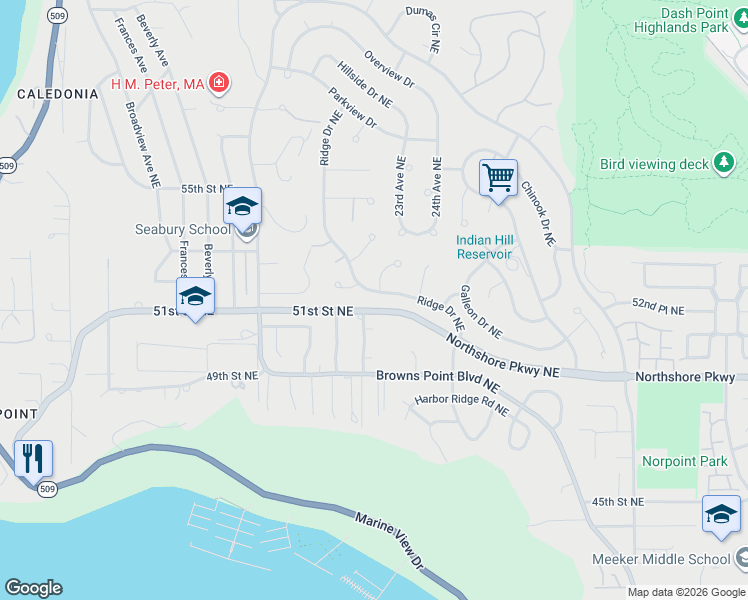 map of restaurants, bars, coffee shops, grocery stores, and more near 5221 Ridge Drive Northeast in Tacoma