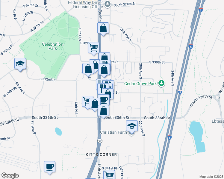 map of restaurants, bars, coffee shops, grocery stores, and more near 1660 South 333rd Street in Federal Way