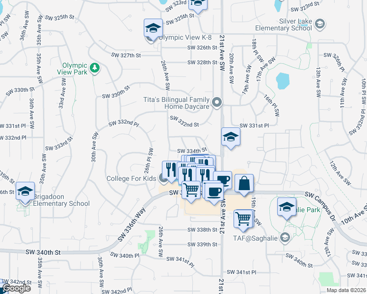 map of restaurants, bars, coffee shops, grocery stores, and more near 33308 24th Avenue Southwest in Federal Way