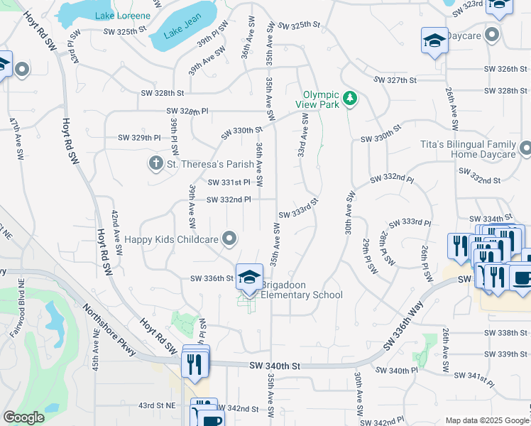 map of restaurants, bars, coffee shops, grocery stores, and more near 33149 36th Avenue Southwest in Federal Way