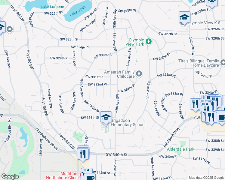 map of restaurants, bars, coffee shops, grocery stores, and more near 33149 36th Avenue Southwest in Federal Way