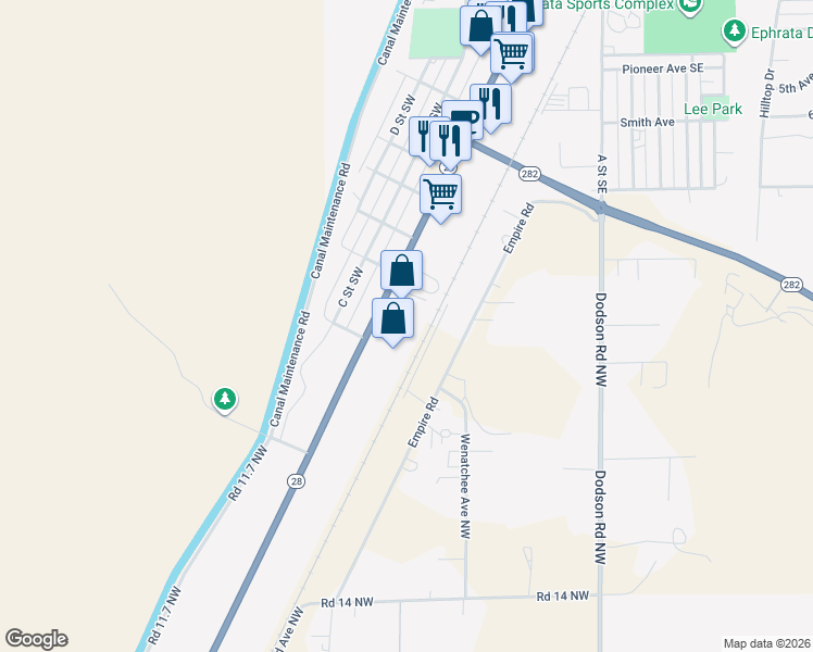map of restaurants, bars, coffee shops, grocery stores, and more near 1706 Basin Street Southwest in Ephrata