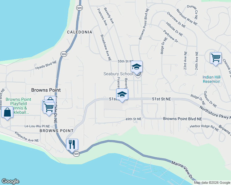 map of restaurants, bars, coffee shops, grocery stores, and more near 5129 Frances Avenue in Tacoma