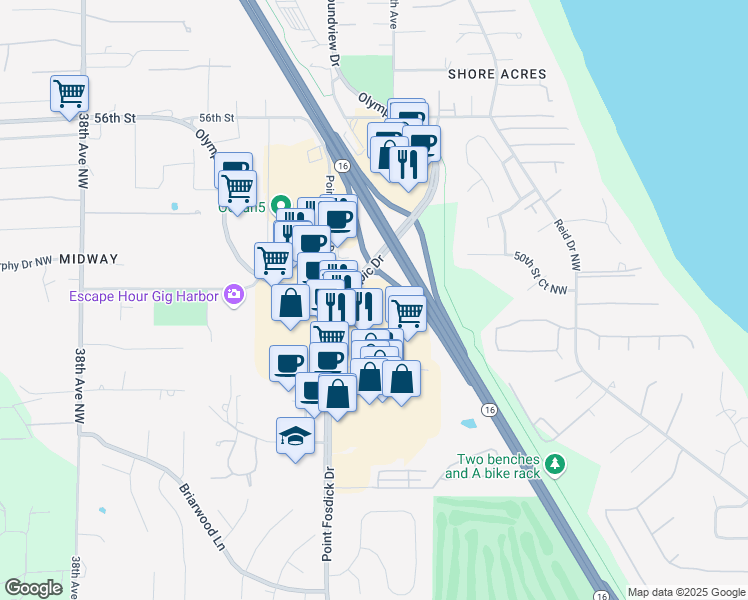map of restaurants, bars, coffee shops, grocery stores, and more near 4929 Point Fosdick Drive Northwest in Gig Harbor