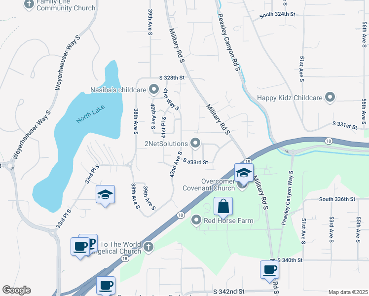 map of restaurants, bars, coffee shops, grocery stores, and more near 33210 42nd Avenue South in Federal Way