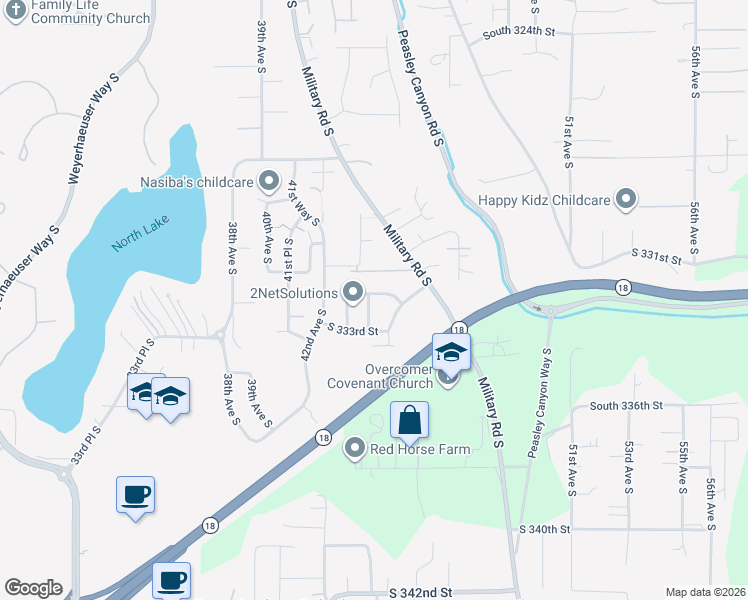 map of restaurants, bars, coffee shops, grocery stores, and more near 4334 South 332nd Place in Federal Way