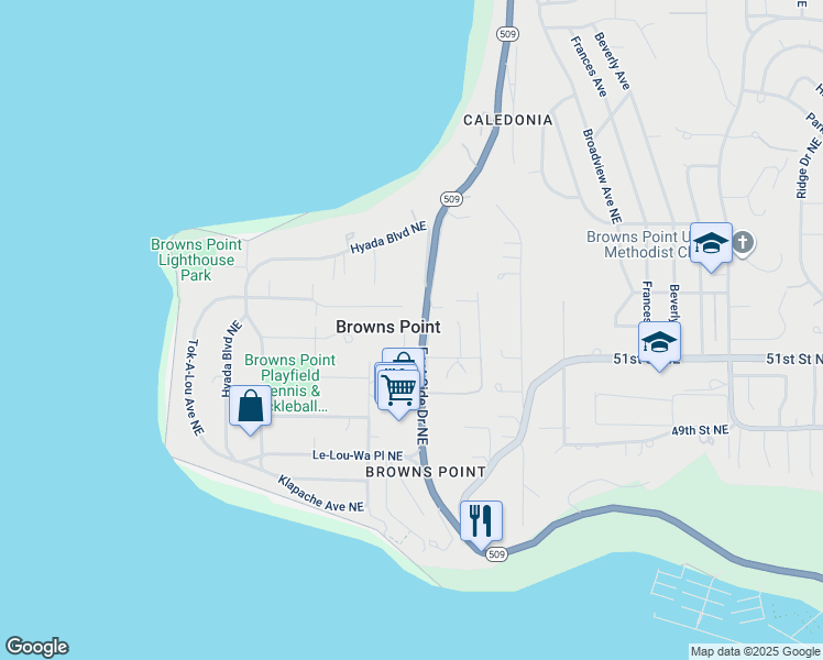 map of restaurants, bars, coffee shops, grocery stores, and more near 7005 East Side Drive Northeast in Tacoma