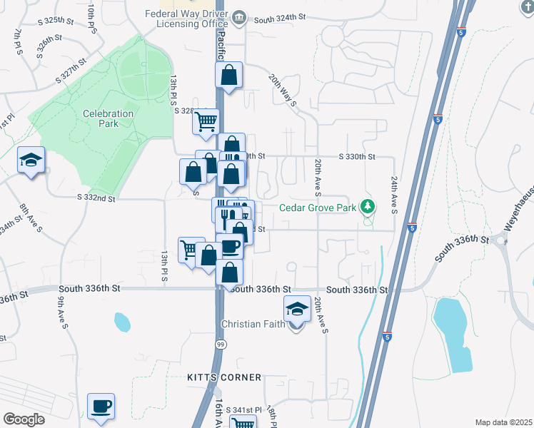 map of restaurants, bars, coffee shops, grocery stores, and more near 1660 South 333rd Street in Federal Way