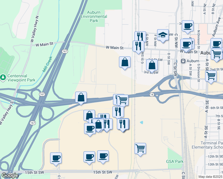 map of restaurants, bars, coffee shops, grocery stores, and more near 1028 4th Street Southwest in Auburn