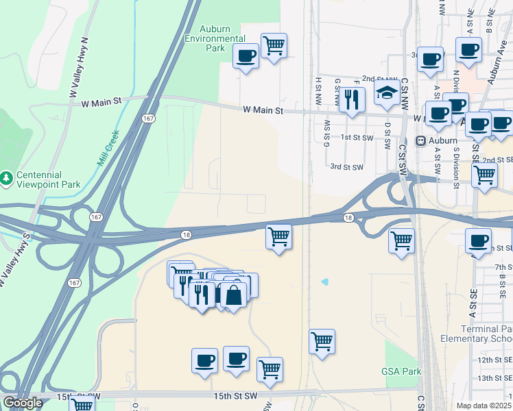 map of restaurants, bars, coffee shops, grocery stores, and more near 1028 4th Street Southwest in Auburn