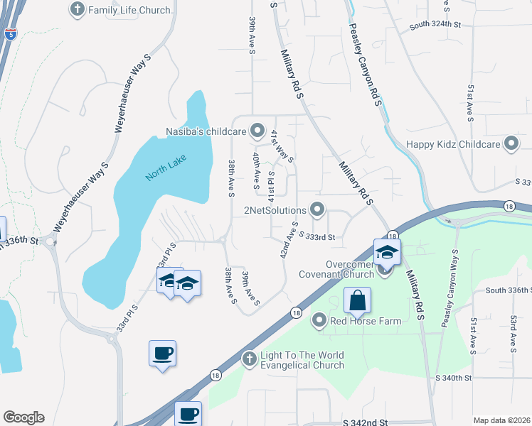 map of restaurants, bars, coffee shops, grocery stores, and more near 4114 South 332nd Place in Federal Way