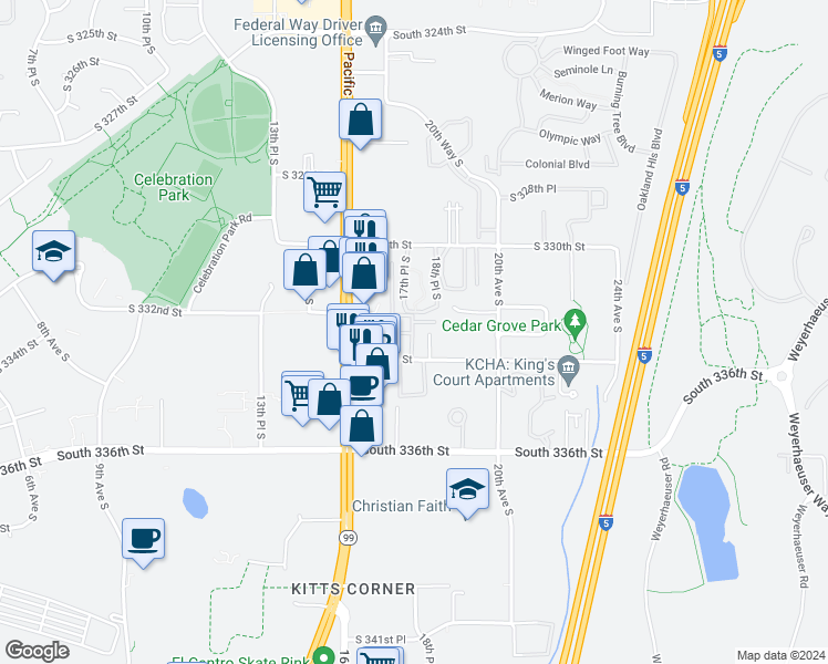 map of restaurants, bars, coffee shops, grocery stores, and more near 1660 South 333rd Street in Federal Way
