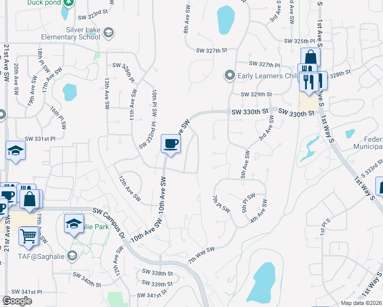 map of restaurants, bars, coffee shops, grocery stores, and more near 33020 10th Avenue Southwest in Federal Way