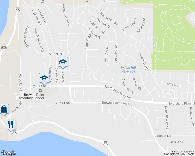 map of restaurants, bars, coffee shops, grocery stores, and more near 5221 Ridge Drive Northeast in Tacoma