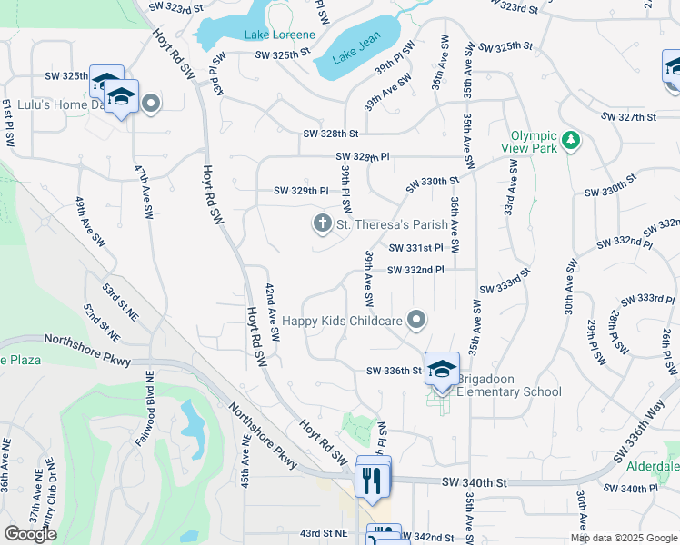 map of restaurants, bars, coffee shops, grocery stores, and more near 3930 Southwest 332nd Place in Federal Way