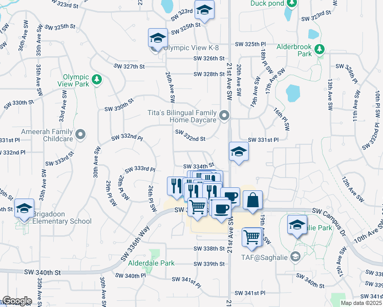 map of restaurants, bars, coffee shops, grocery stores, and more near 33308 24th Avenue Southwest in Federal Way