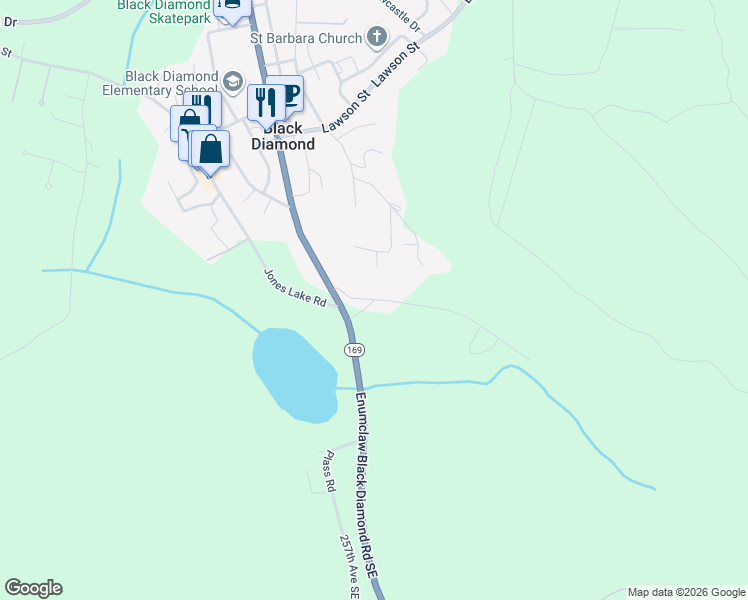 map of restaurants, bars, coffee shops, grocery stores, and more near 25939 Old Lawson Road in Black Diamond