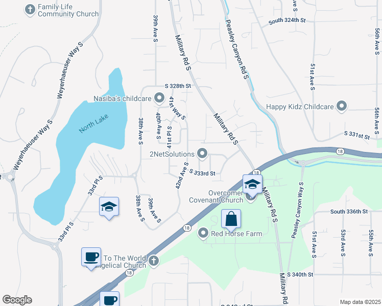 map of restaurants, bars, coffee shops, grocery stores, and more near 33210 42nd Avenue South in Federal Way