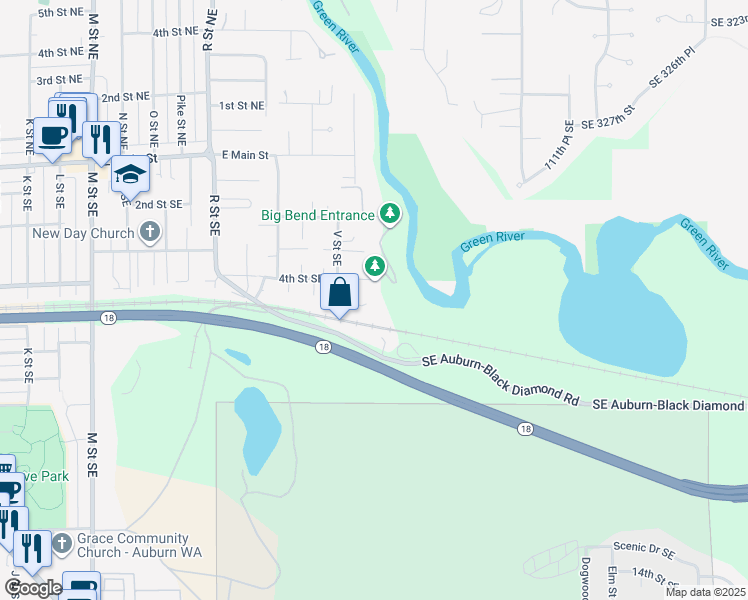 map of restaurants, bars, coffee shops, grocery stores, and more near 410 V Place Southeast in Auburn