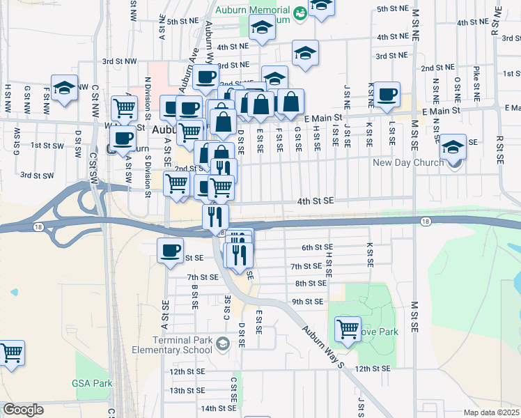 map of restaurants, bars, coffee shops, grocery stores, and more near 430 4th Street Southeast in Auburn
