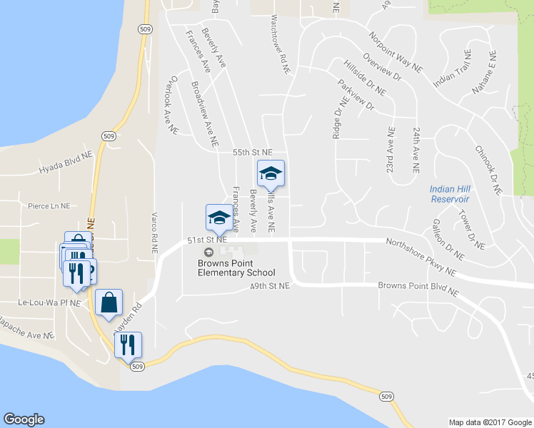 map of restaurants, bars, coffee shops, grocery stores, and more near 5126 Green Hills Avenue Northeast in Tacoma