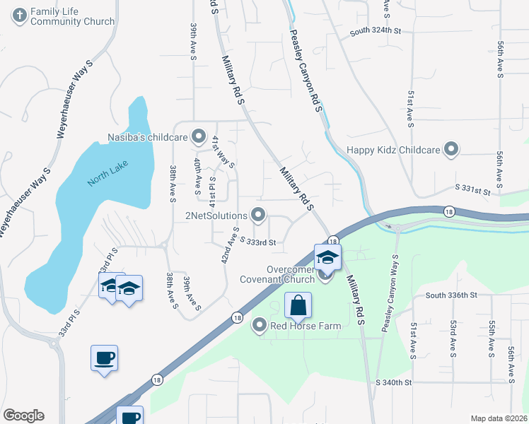 map of restaurants, bars, coffee shops, grocery stores, and more near 4334 South 332nd Place in Federal Way