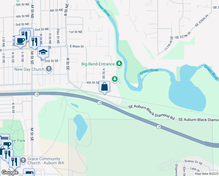 map of restaurants, bars, coffee shops, grocery stores, and more near 410 V Place Southeast in Auburn