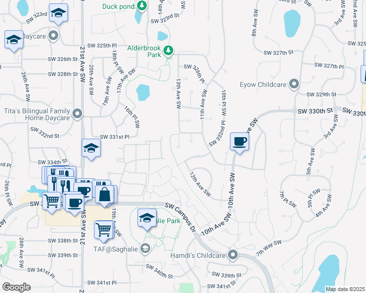 map of restaurants, bars, coffee shops, grocery stores, and more near 33118 13th Avenue Southwest in Federal Way