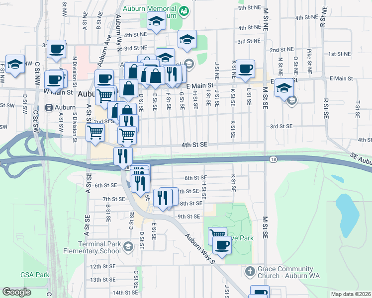 map of restaurants, bars, coffee shops, grocery stores, and more near 706 4th Street Southeast in Auburn