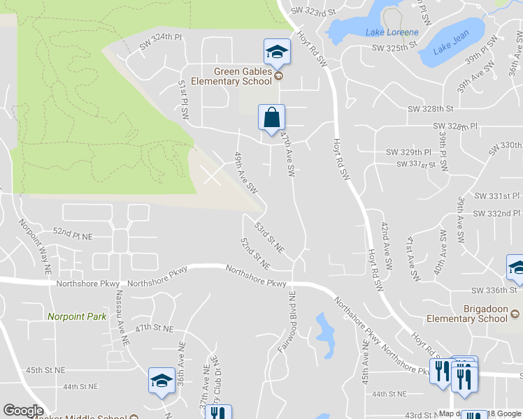 map of restaurants, bars, coffee shops, grocery stores, and more near 33221 49th Avenue Southwest in Federal Way