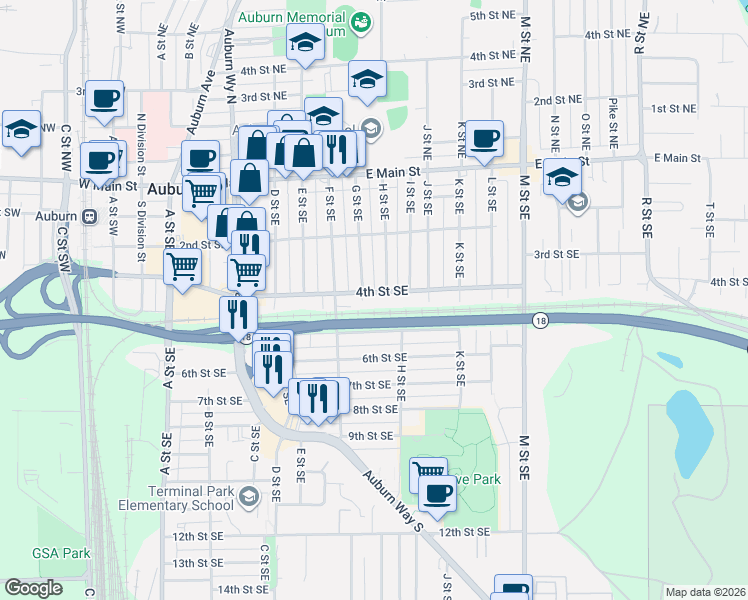 map of restaurants, bars, coffee shops, grocery stores, and more near 710 4th Street Southeast in Auburn