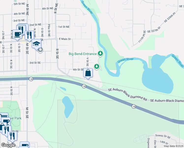 map of restaurants, bars, coffee shops, grocery stores, and more near 410 V Place Southeast in Auburn