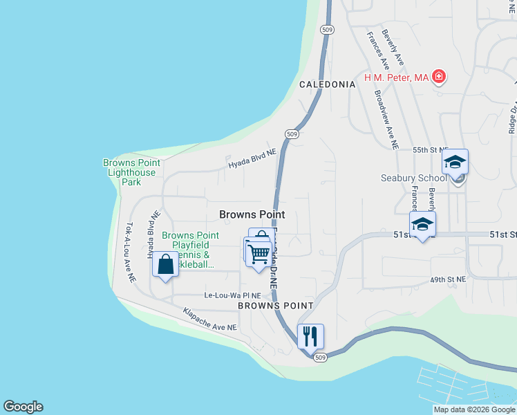 map of restaurants, bars, coffee shops, grocery stores, and more near in Browns Point