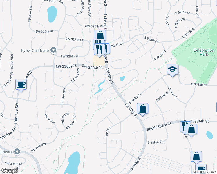 map of restaurants, bars, coffee shops, grocery stores, and more near 102 Southwest 332nd Street in Federal Way