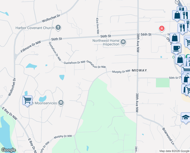 map of restaurants, bars, coffee shops, grocery stores, and more near 4312 Murphy Drive Northwest in Gig Harbor