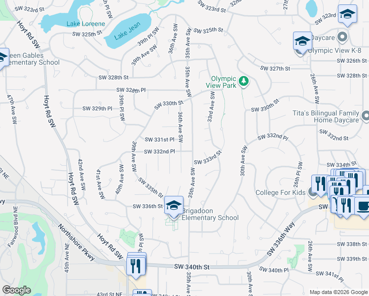 map of restaurants, bars, coffee shops, grocery stores, and more near 33149 36th Avenue Southwest in Federal Way