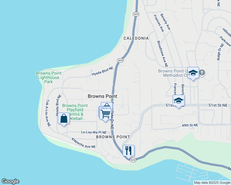 map of restaurants, bars, coffee shops, grocery stores, and more near 7005 East Side Drive Northeast in Tacoma